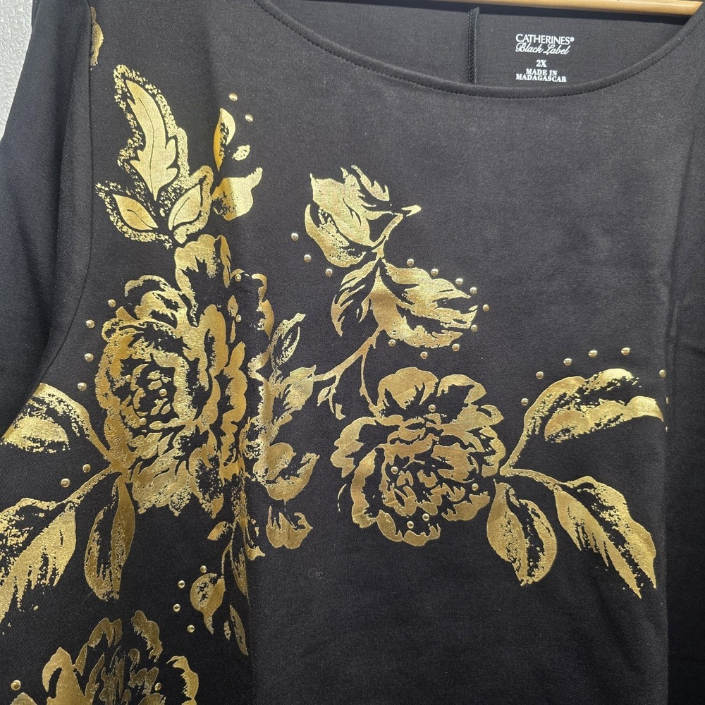 Catherines Black Label 3/4 Sleeve Black Gold Foil Floral Ponte Tunic Size 2X - Picture 4 of 10